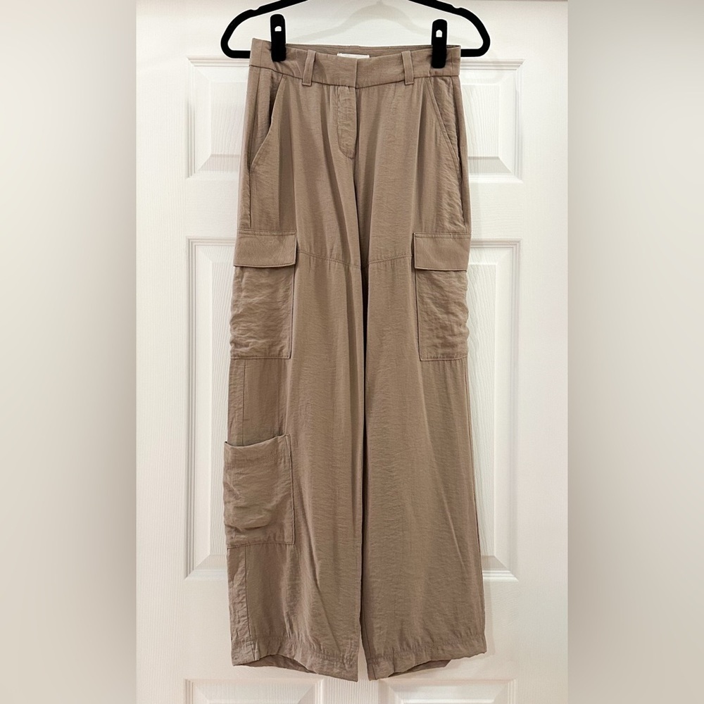 H&M Matte Textured Satin Wide Leg Cargo Pants Flowy taupe sz 2 - Picture 2 of 5
